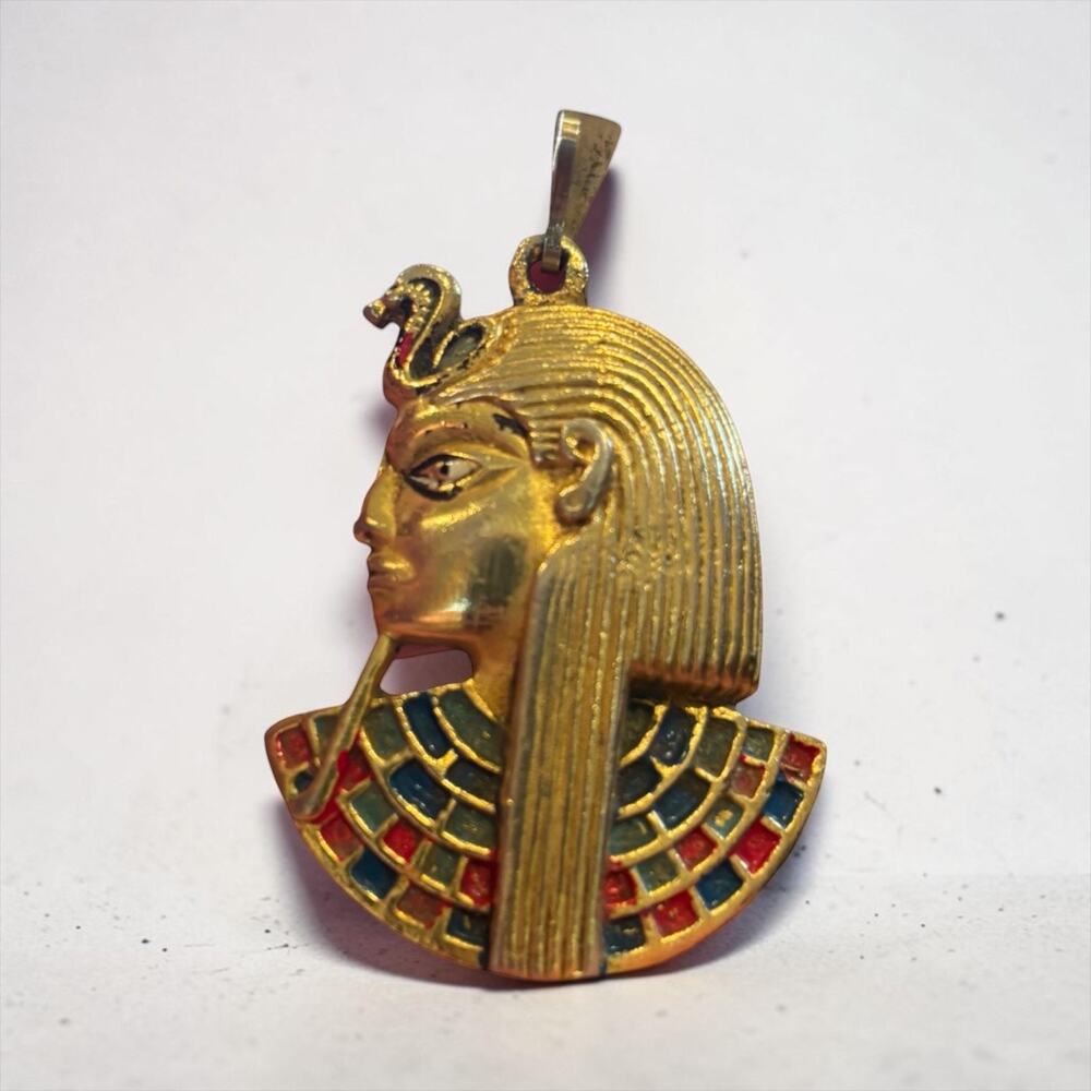 Egyptian Pharaoh Pendant Gold Tone Enamel Statement King Tut Revival